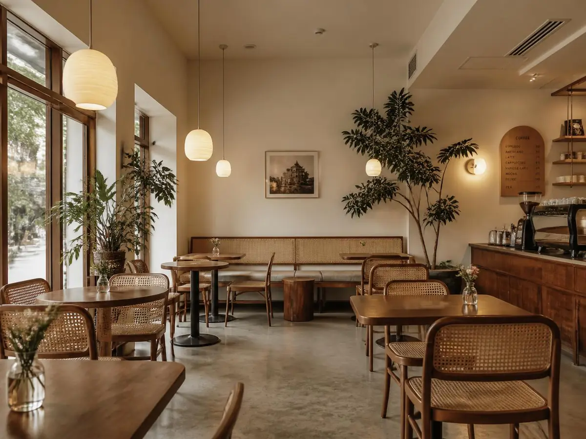 Warm café interior with wooden tables and pendant lighting — demo photograph